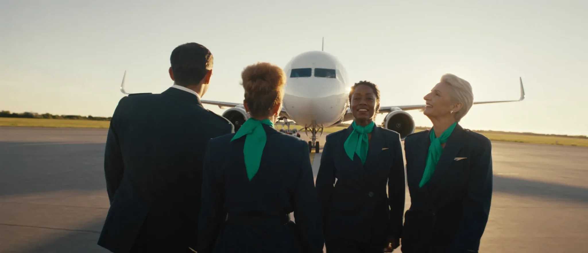 Tripulação de comissários de idades diferentes em frente a um avião na pista ao pôr do sol